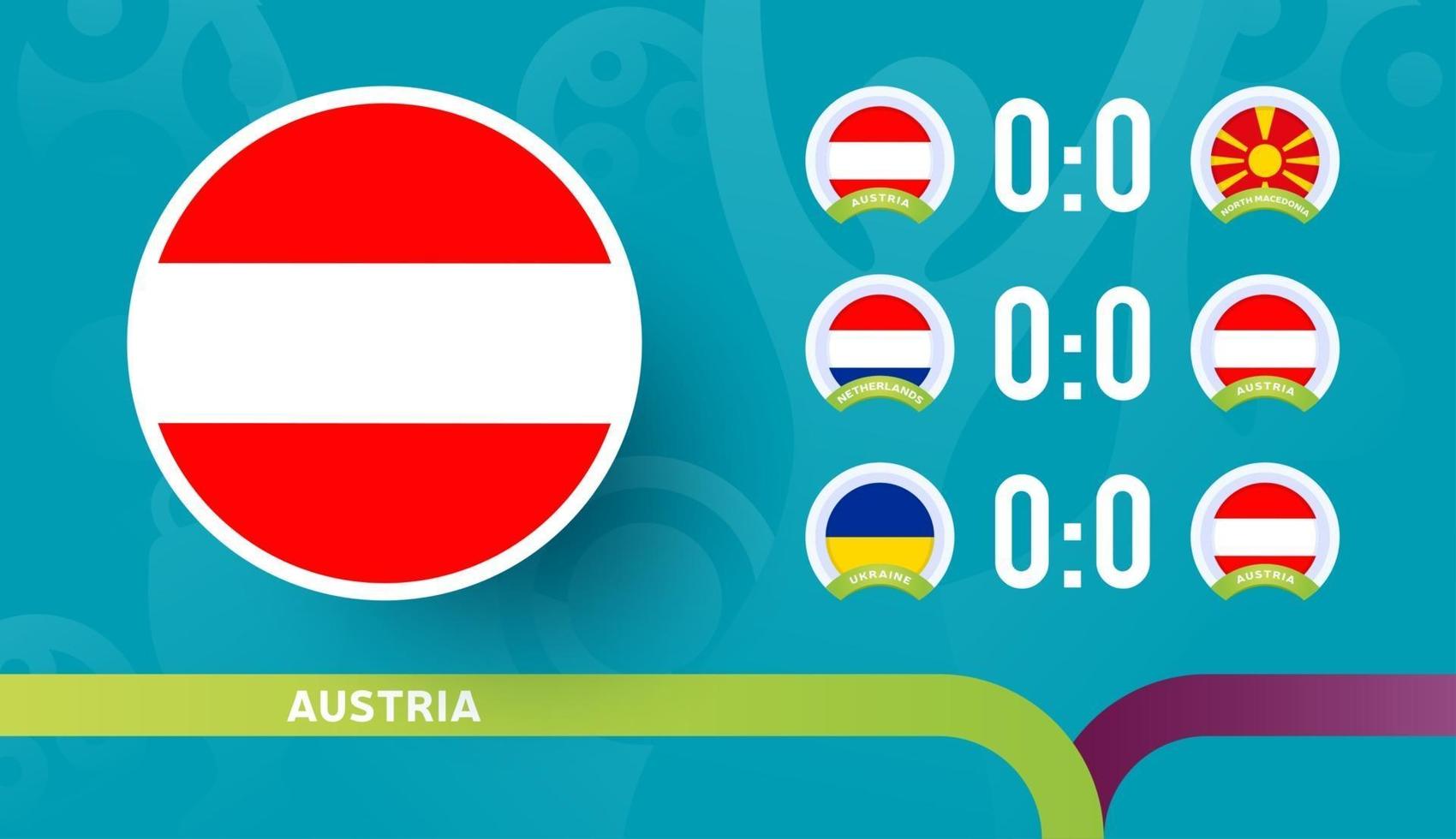 calendario de partidos de la selección de austria en la fase final del campeonato de fútbol de 2020. ilustración vectorial de partidos de fútbol 2020 vector