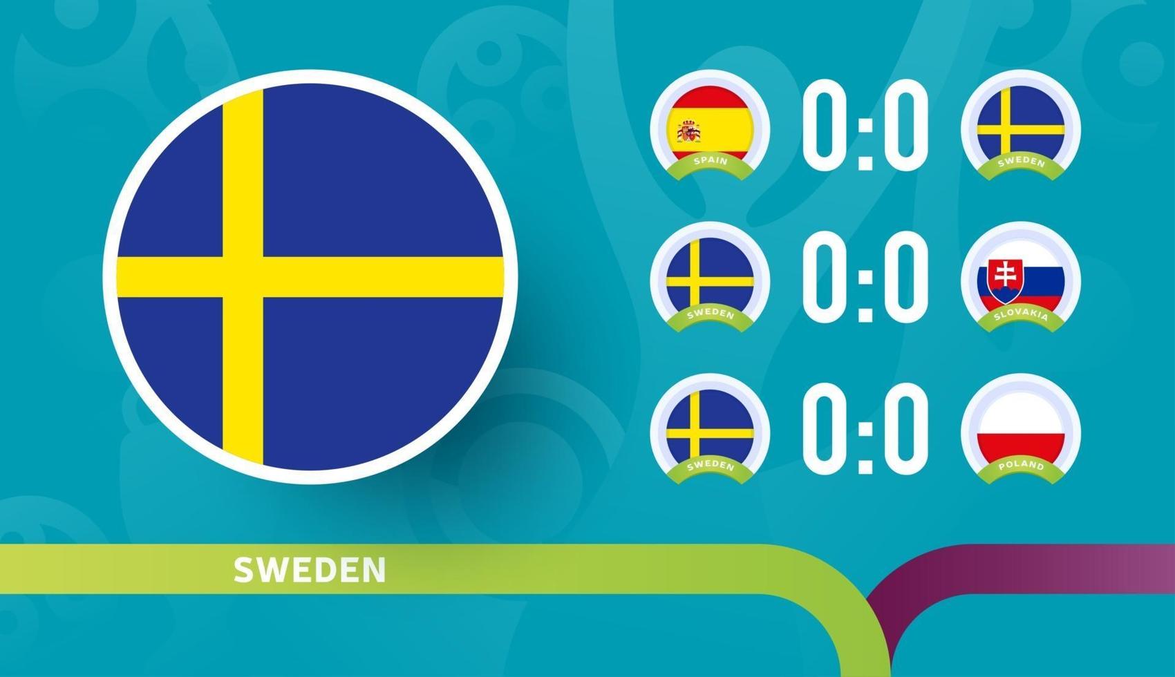 Calendario de partidos de la selección de Suecia en la fase final del campeonato de fútbol de 2020. ilustración vectorial de partidos de fútbol 2020 vector