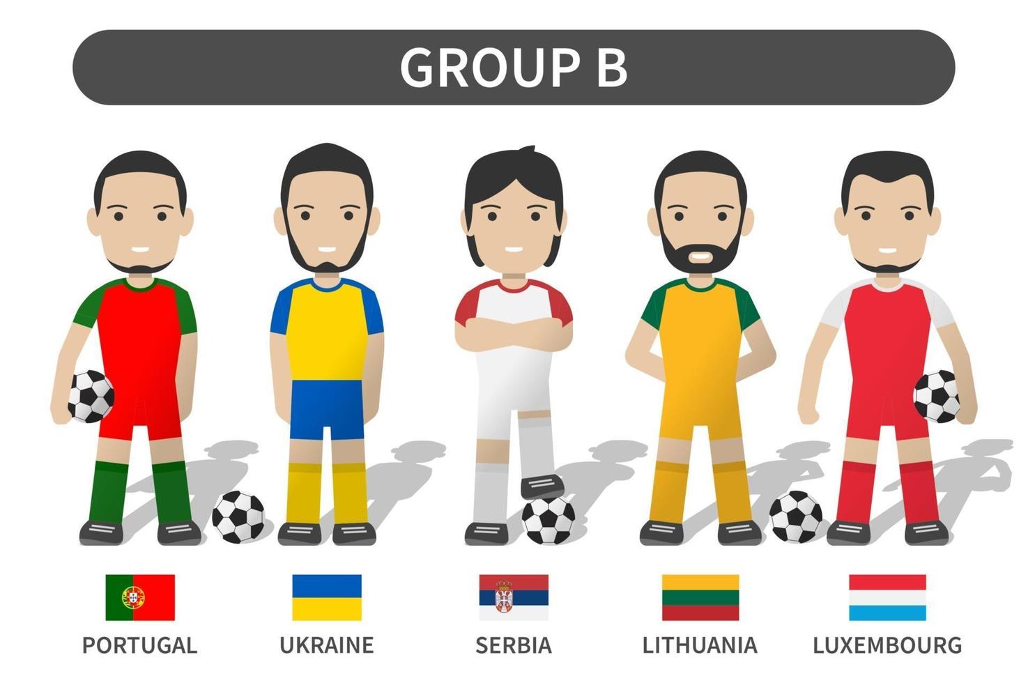 European soccer cup tournament qualifying draws 2020 and 2021 . Group B . Football player with jersey kit uniform and national flag . Cartoon character flat design . White theme background . Vector .