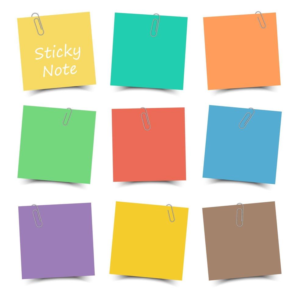 Multicolor sticky note with paper clip and shadow . Flat color . White isolated background . Vector .