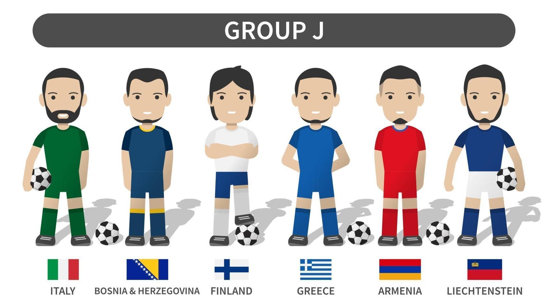 European soccer cup tournament qualifying draws 2020 and 2021 . Group J . Football player with jersey kit uniform and national flag . Cartoon character flat design . White theme background . Vector .