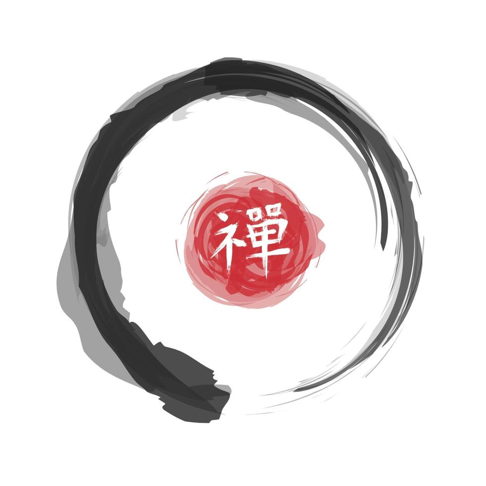 Enso zen circle style . Sumi e design . Black ink watercolor painting . Red circular stamp and kanji calligraphy  Chinese . Japanese  alphabet translation meaning zen . White isolated background . vector
