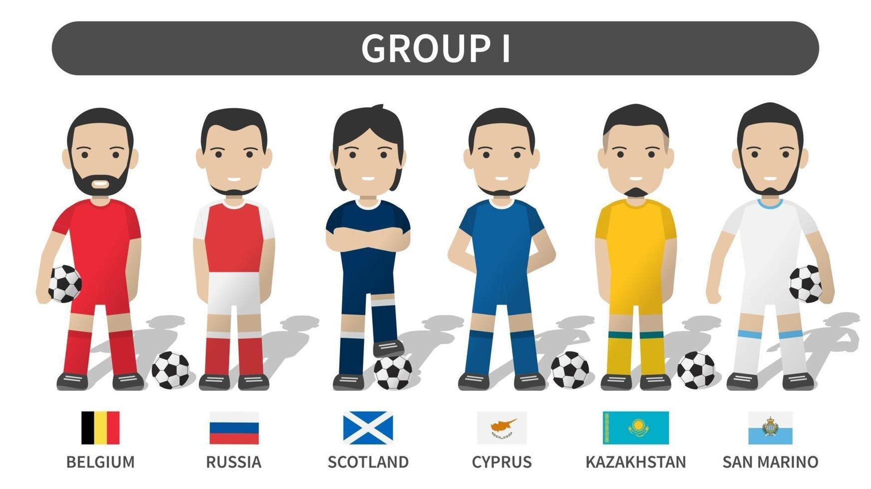 European soccer cup tournament qualifying draws 2020 and 2021 . Group I . Football player with jersey kit uniform and national flag . Cartoon character flat design . White theme background . Vector .