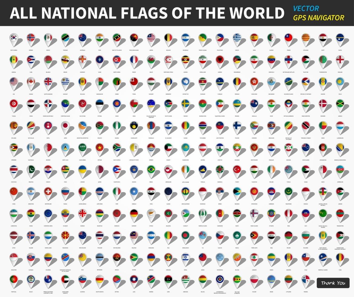 All official national flags of the world . GPS navigator pin design in white background . Vector .