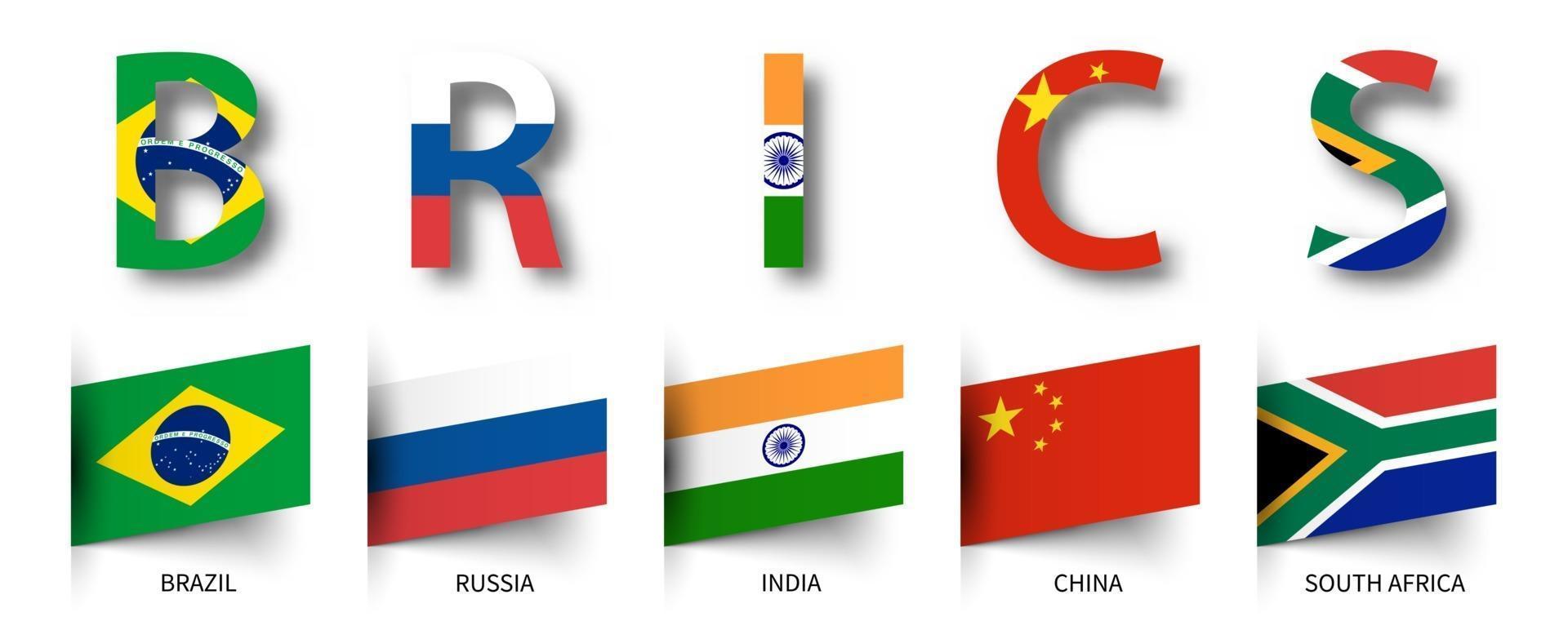BRICS . Association of 5 countries and flags . isolated background . Vector .