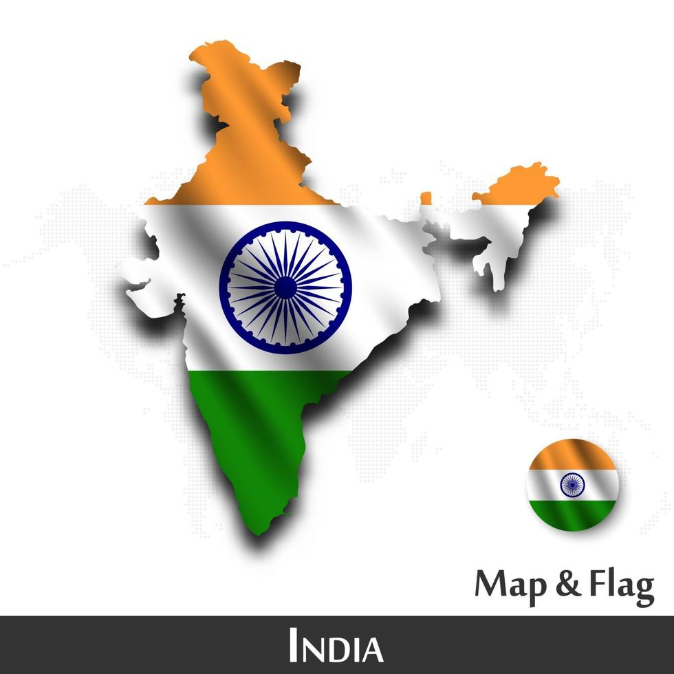 India mapa y bandera. agitando diseño textil. fondo del mapa del mundo de puntos. vector