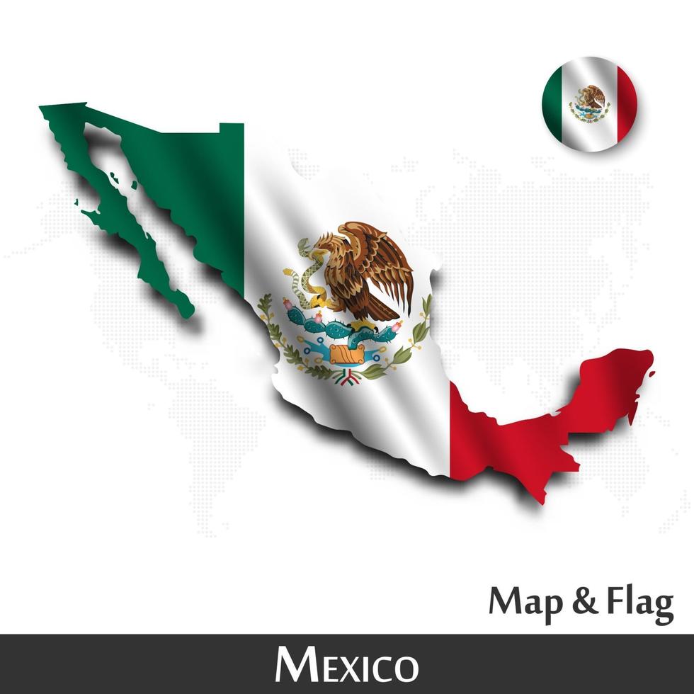 Mexico map and flag . Waving textile design . Dot world map background . Vector