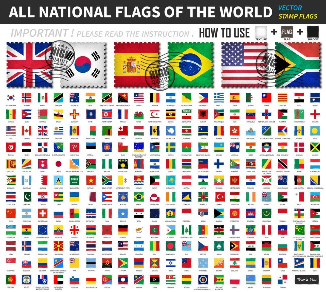 All official national flags of the world . Old stamp shape design with scratch and abrasion texture . You can apply and edit these elements . 3 main object are texture , flag and shadow  . Vector .