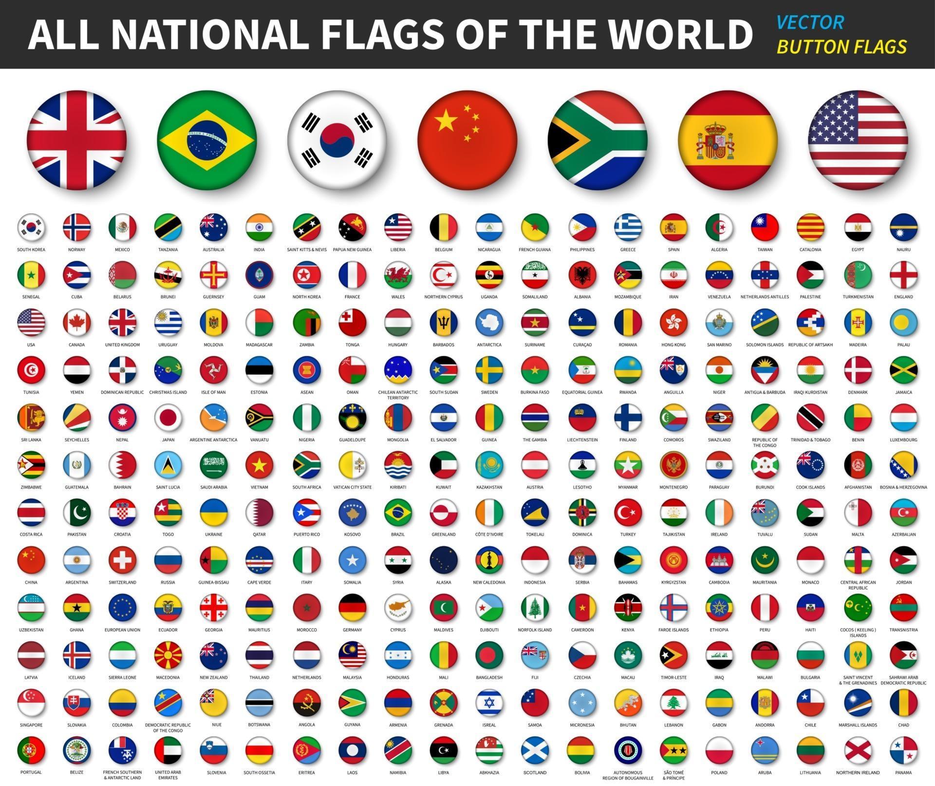 All national flags of the world . Convex button flag design . White