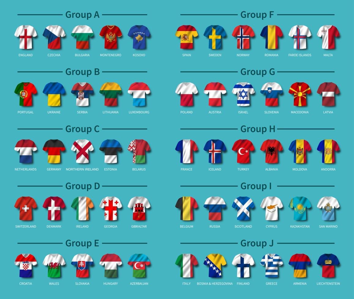 European soccer tournament qualifying draw 2020 . Group of international teams . Football jersey with waving country flag pattern . Blue theme background . Vector .