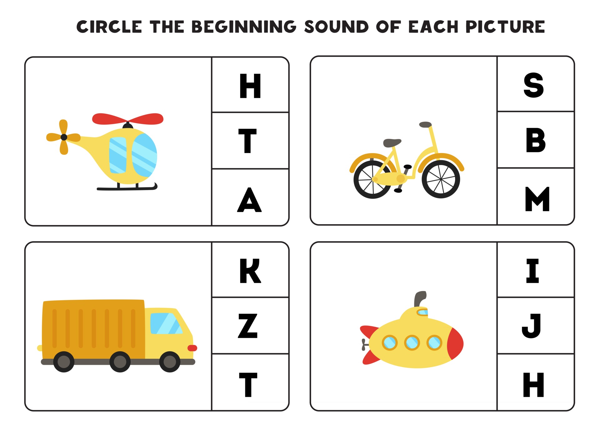 worksheet for kids find the beginning sound cartoon transportation means 2729960 vector art at vecteezy