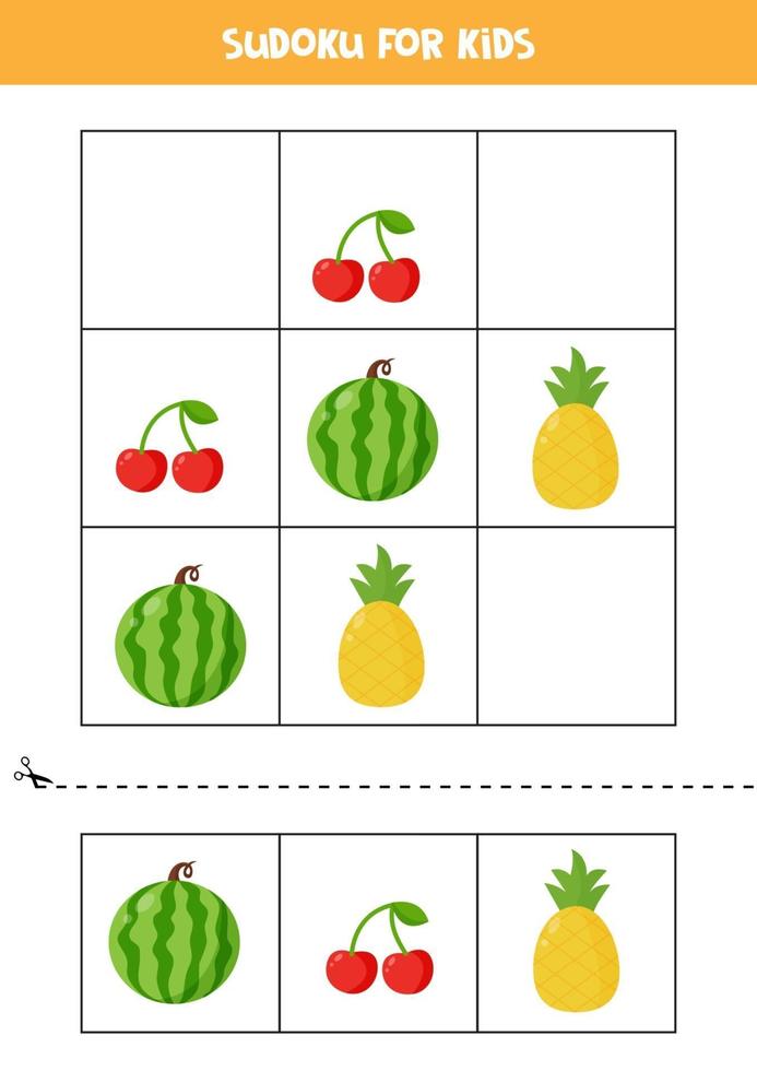 Sudoku game for kids with cartoon fruits and berries. vector