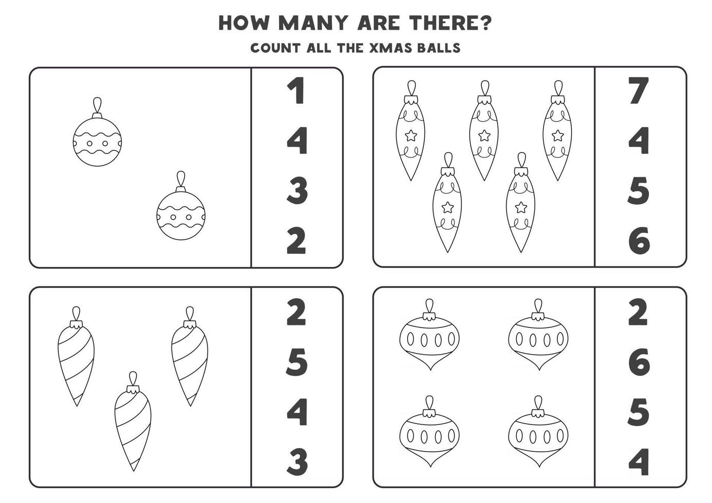 Counting game with Christmas baubles. Math worksheet. vector