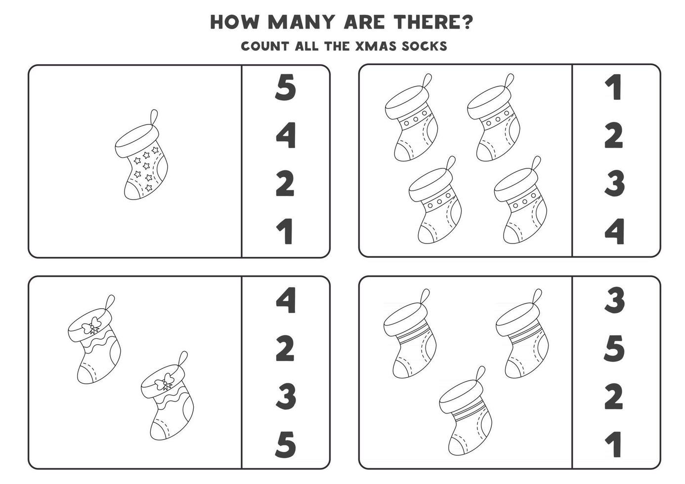 Counting game with Christmas socks. Math worksheet. vector