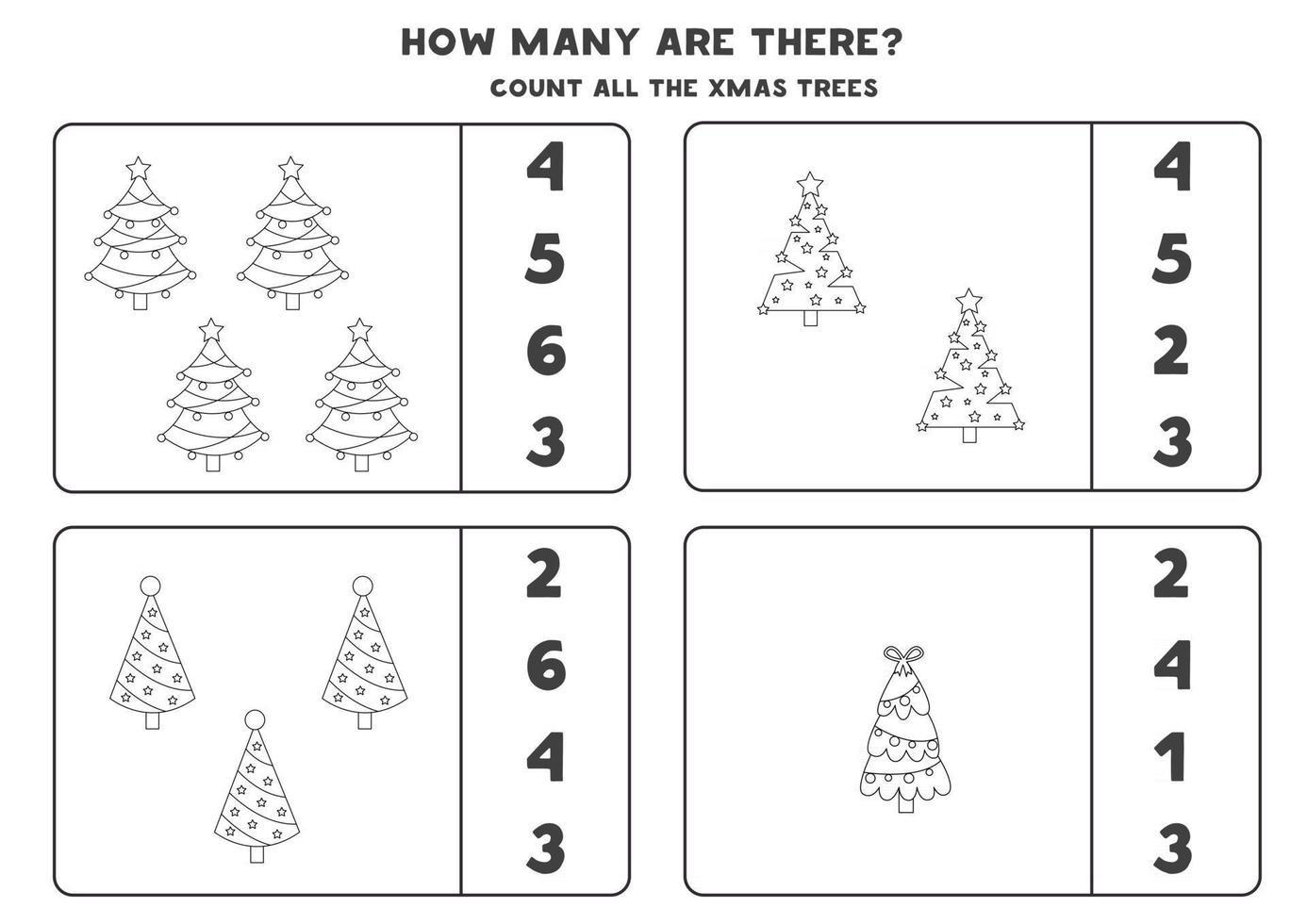 Counting game with Christmas trees. Math worksheet. vector