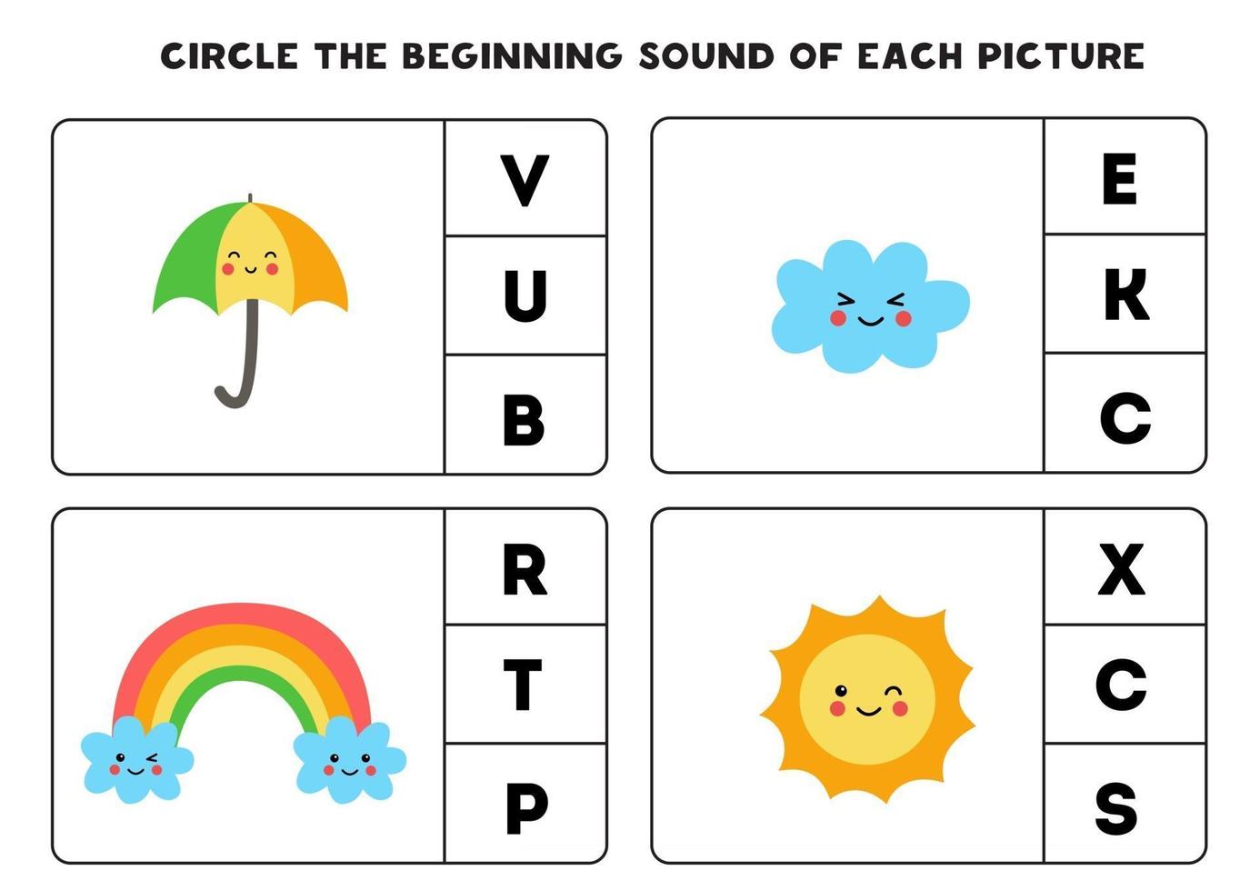 Worksheet for kids. Find the beginning sound. Cute weather pictures. vector