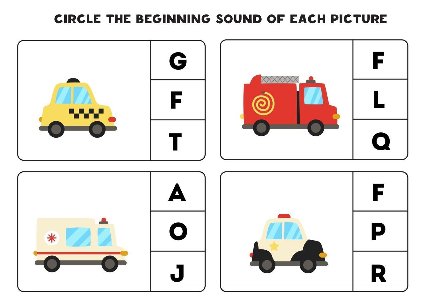 Worksheet for kids. Find the beginning sound. Cartoon transportation means. vector