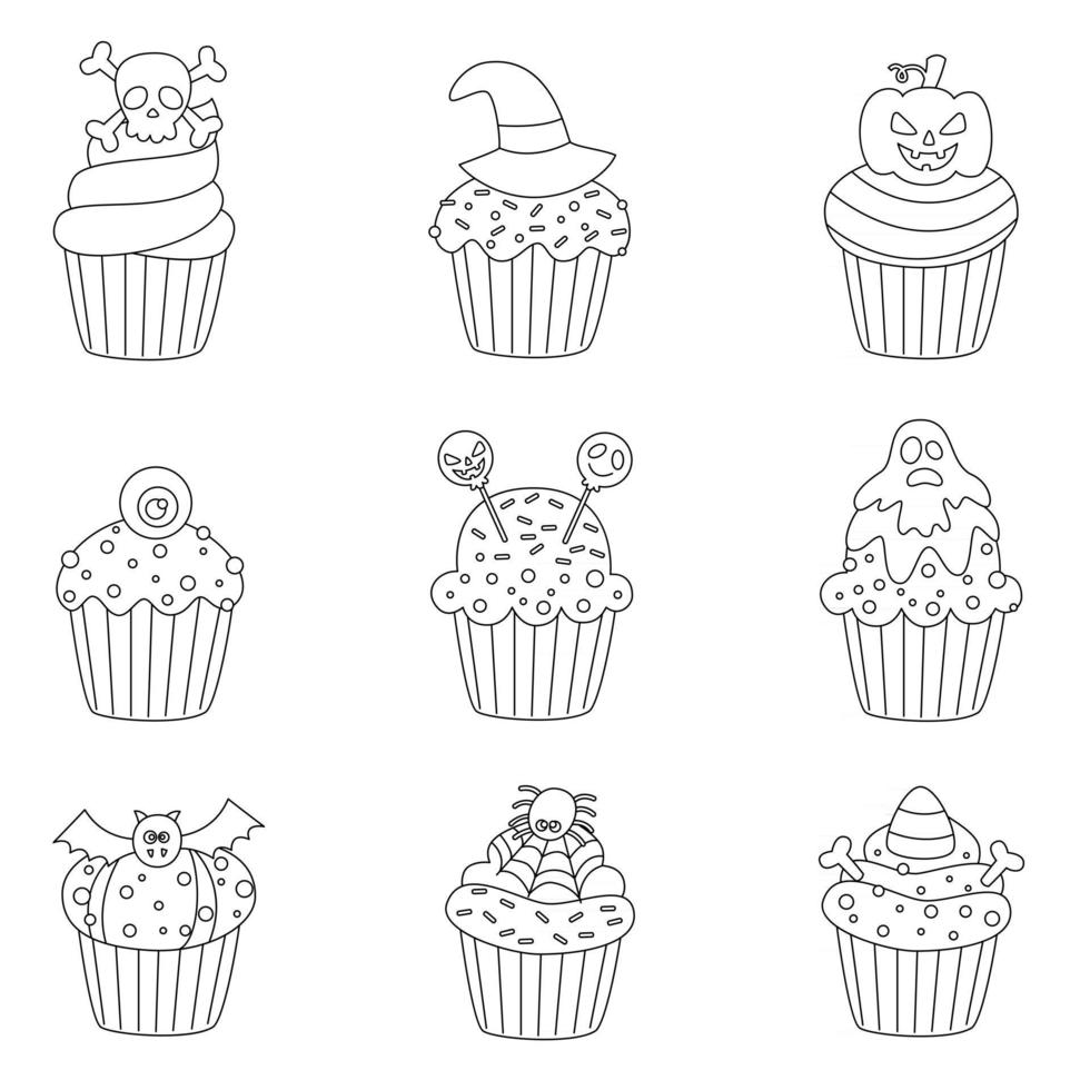 conjunto de cupcakes de halloween en blanco y negro. ilustraciones vectoriales. vector