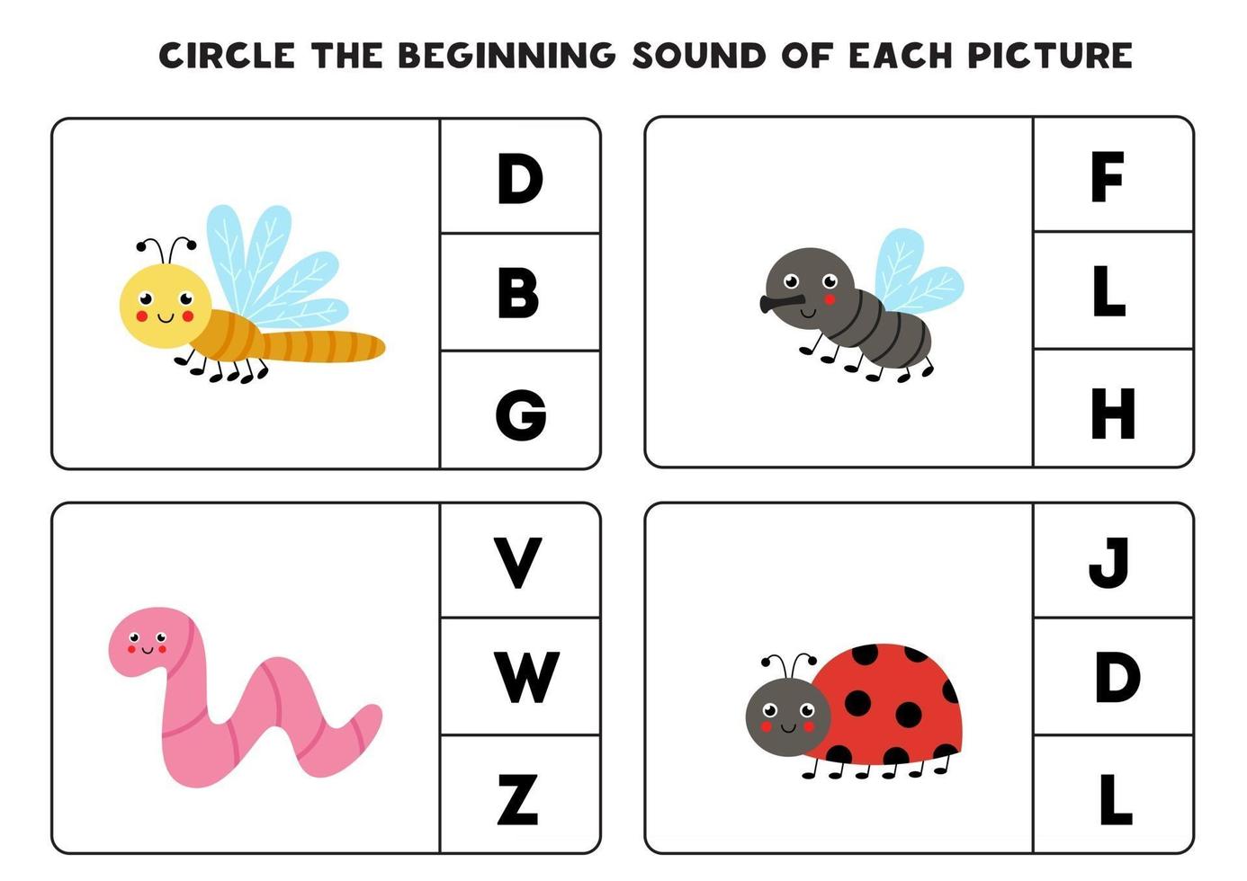Worksheet for kids. Find the beginning sound. Cute insects. vector
