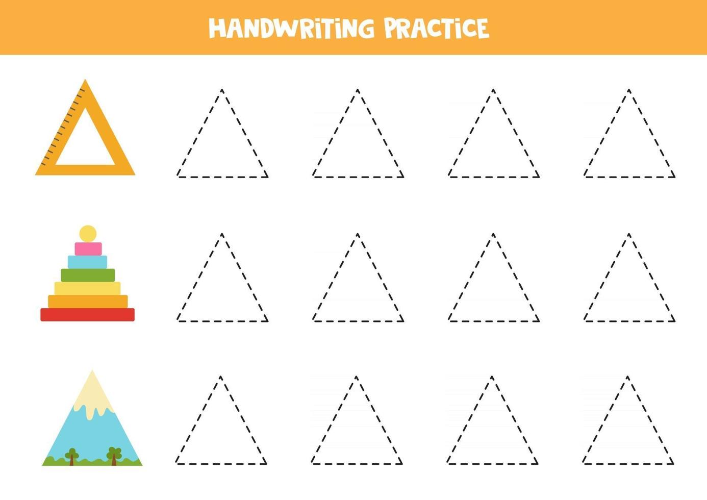 Trace contours of triangle. Writing practice. vector