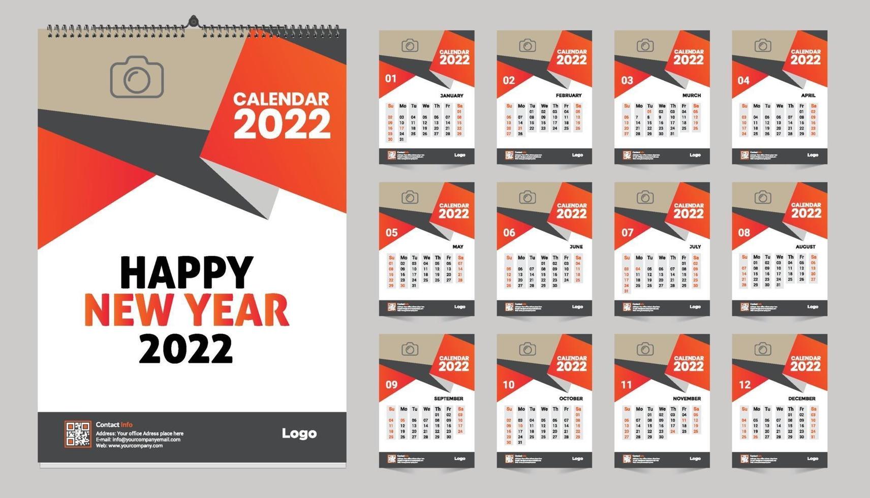 Monthly wall calendar template design for 2022 year. Week Starts on Sunday. Planner diary with Place for Photo. vector