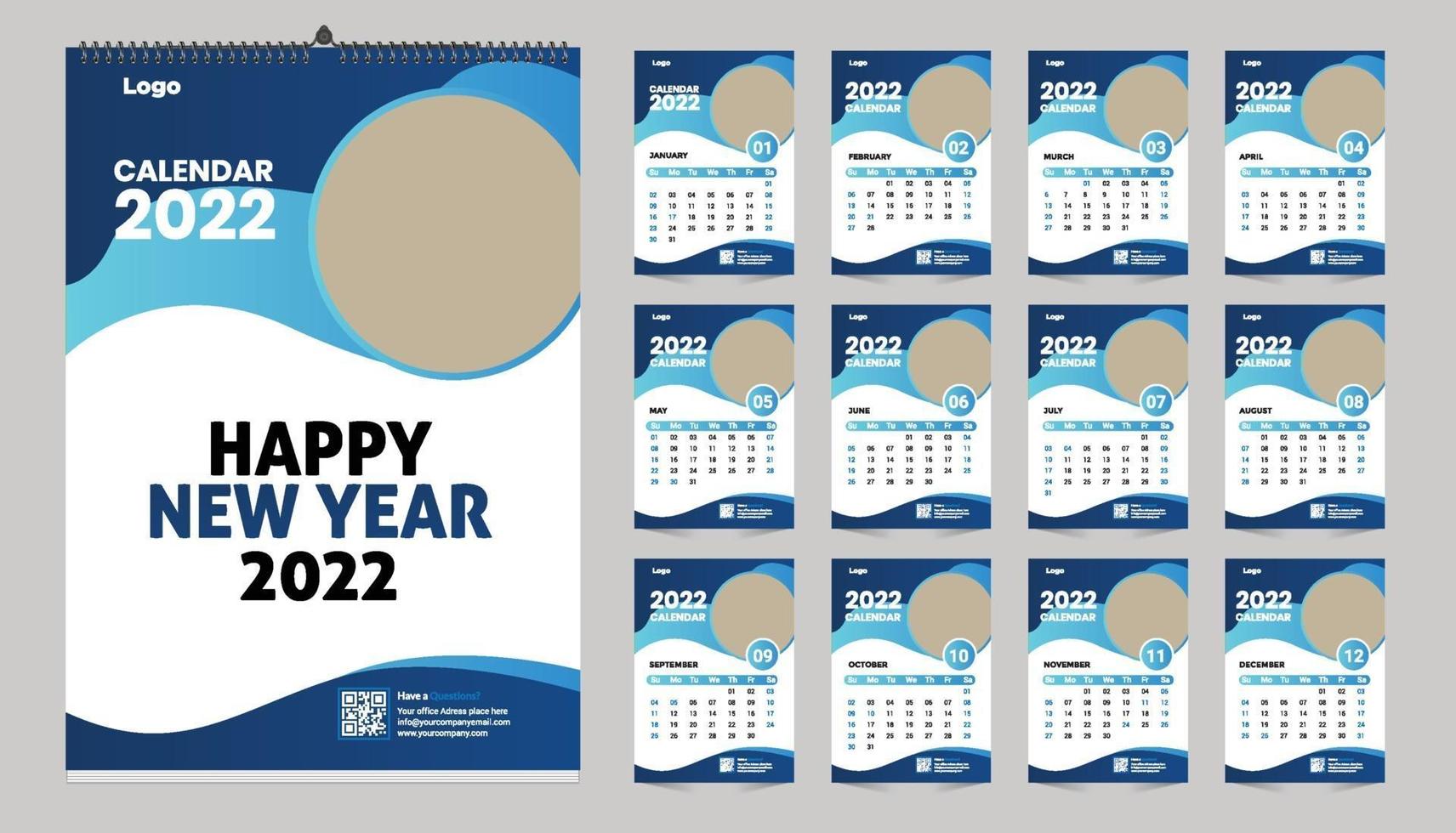 Monthly wall calendar template design for 2022 year. Week Starts on Sunday. Planner diary with Place for Photo. vector