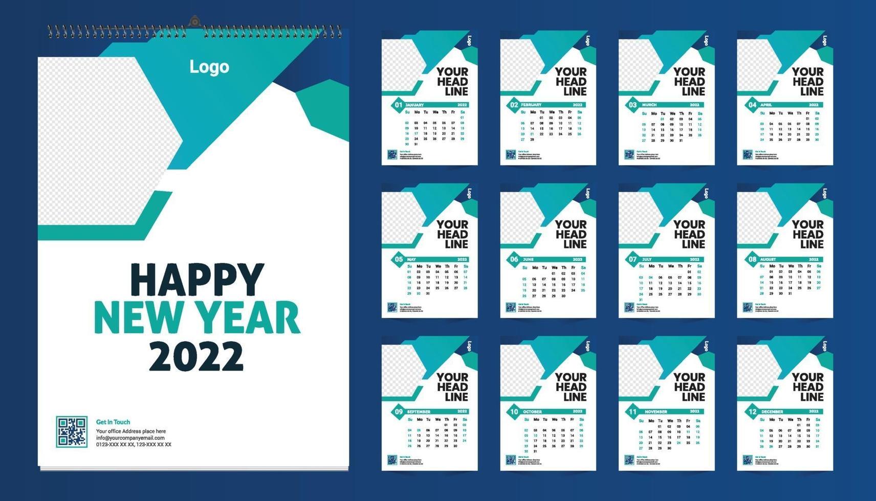 Monthly wall calendar template design for 2022 year. Week Starts on Sunday. Planner diary with Place for Photo. vector