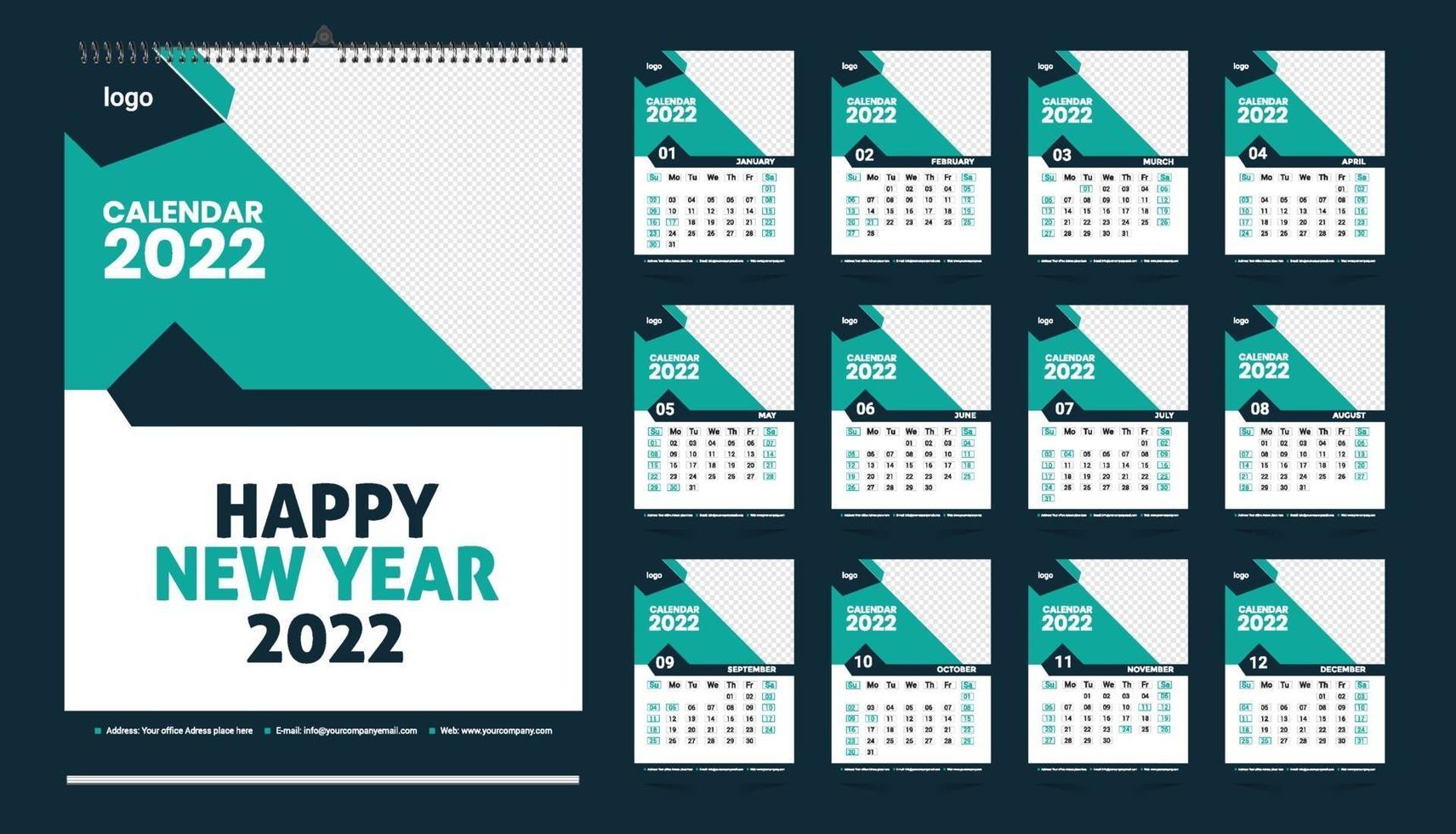 Monthly wall calendar template design for 2022 year. Week Starts on Sunday. Planner diary with Place for Photo. vector