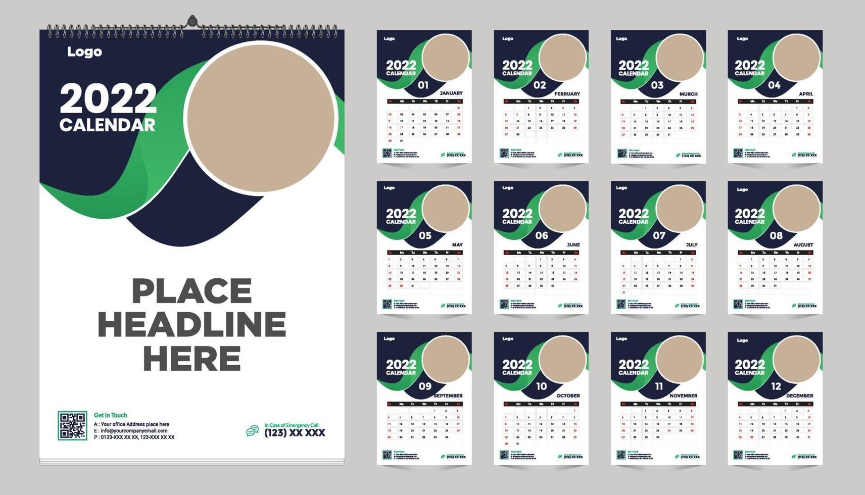 Free monthly wall calendar template design for 2022, 2023, 2024, 2025, 2026, 2026 year. Week starts on Sunday. Planner diary with Place for photo. vector