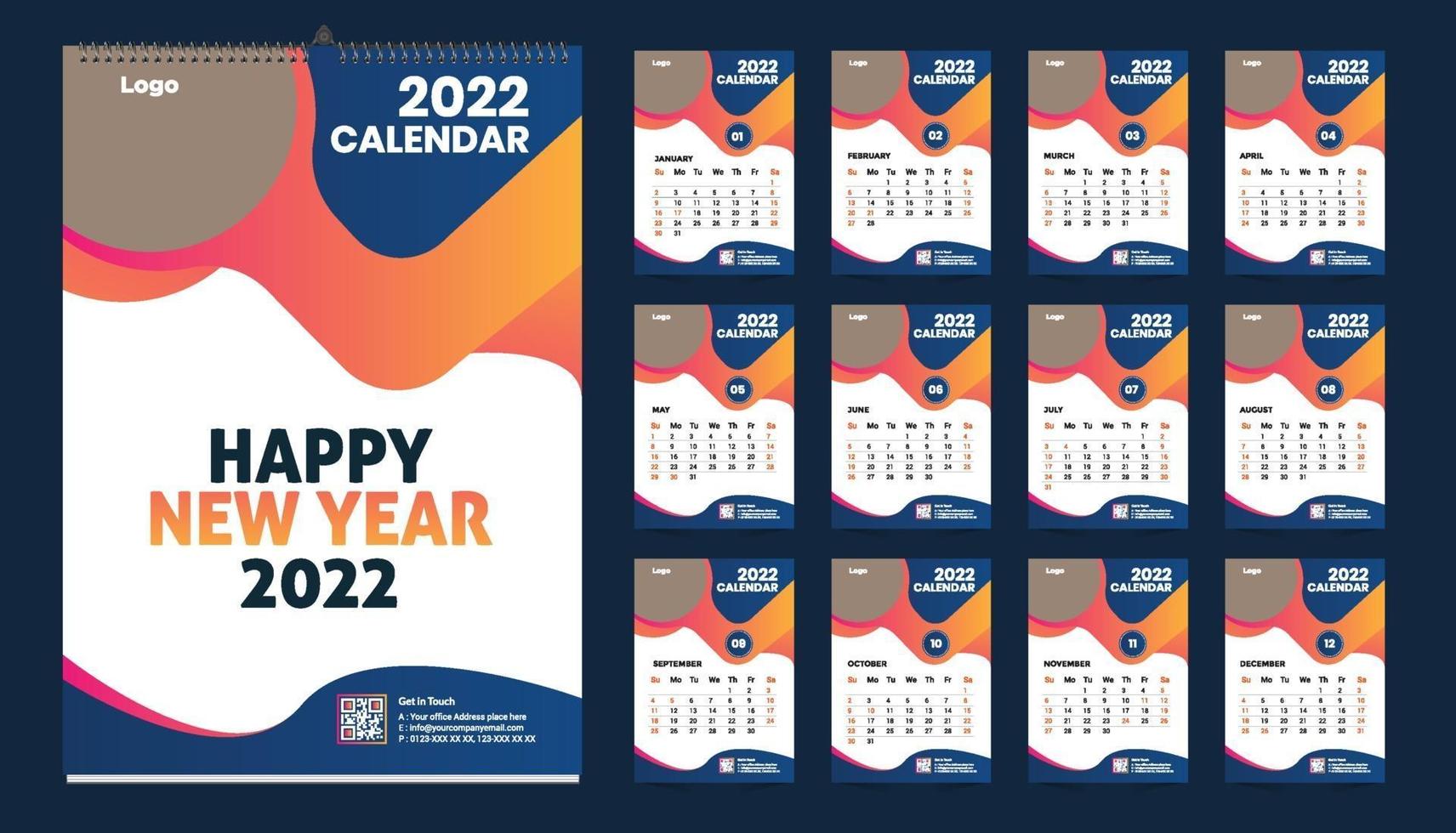 Monthly wall calendar template design for 2022 year. Week Starts on Sunday. Planner diary with Place for Photo. vector