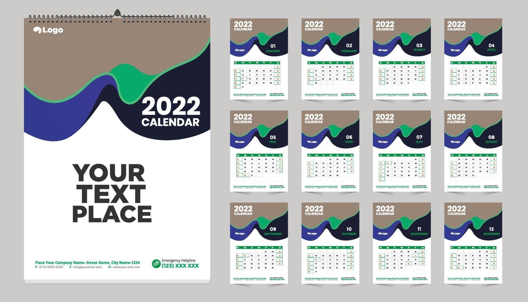 Free monthly wall calendar template design for 2022, 2023, 2024, 2025, 2026, 2026 year. Week starts on Sunday. Planner diary with Place for photo. vector