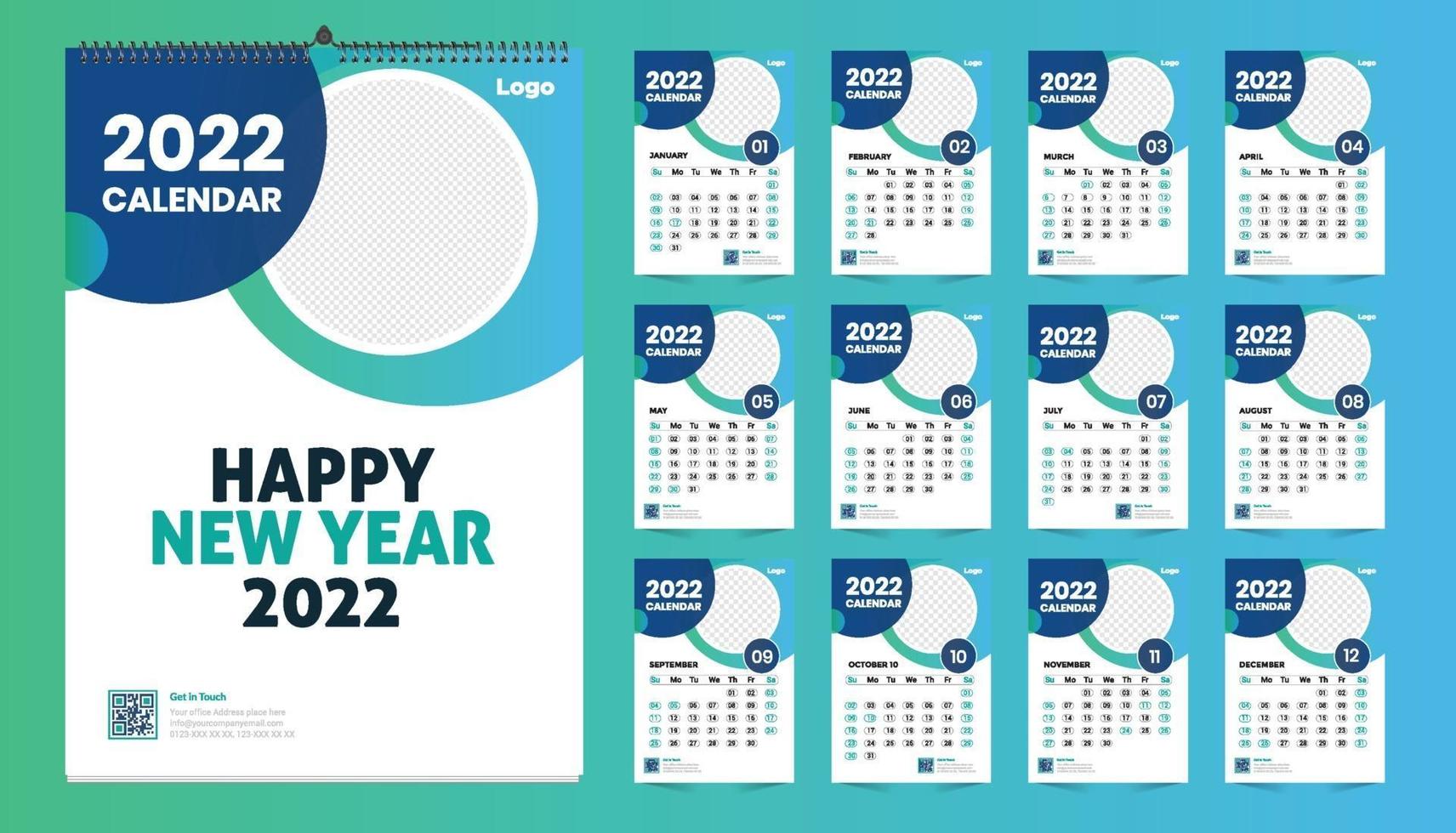 Monthly wall calendar template design for 2022 year. Week Starts on Sunday. Planner diary with Place for Photo. vector