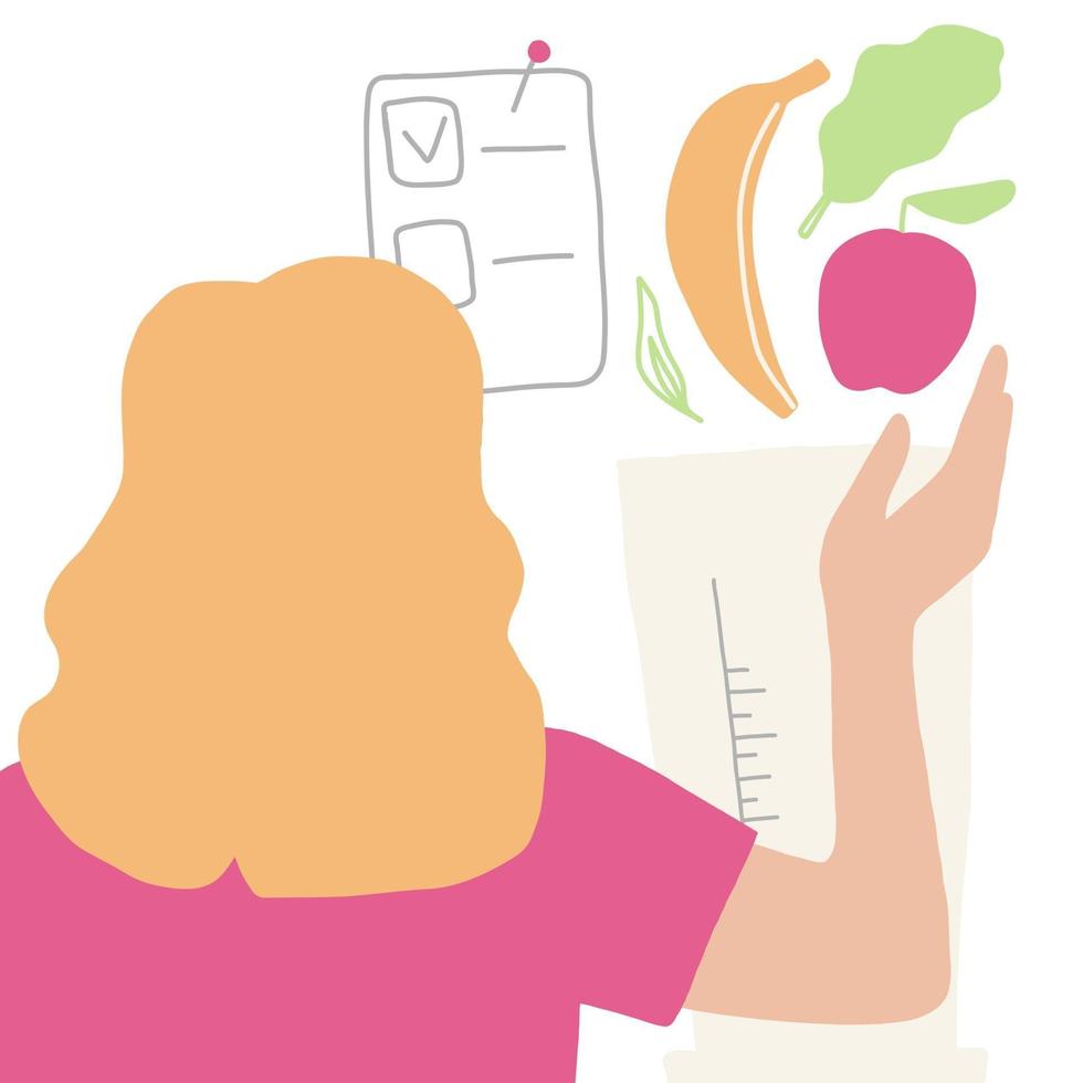 mujer de pie de espaldas hace batidos de ensalada de plátano y manzana en la licuadora usando la lista de verificación para el cuidado personal. batido de vitamina casero curativo vegano simple ilustración multicolor plana vector