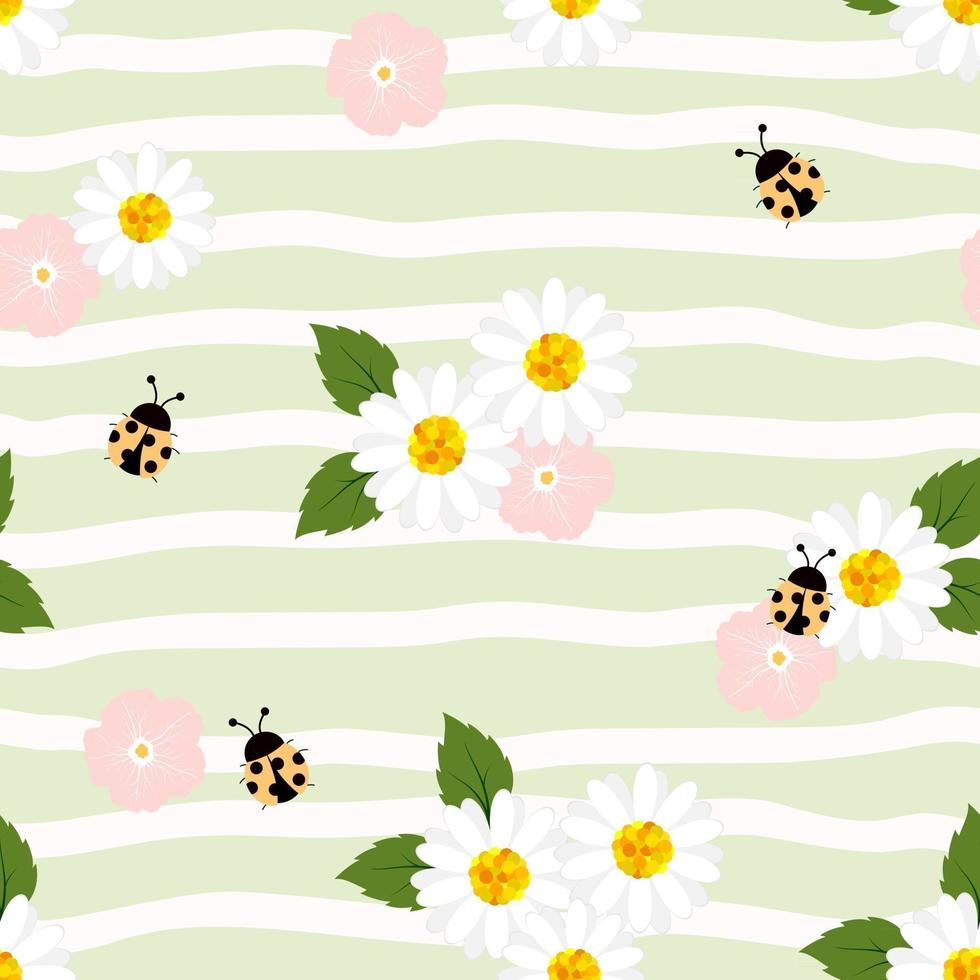 Summer seamless pattern with chamomiles  and ladybugs on striped background vector