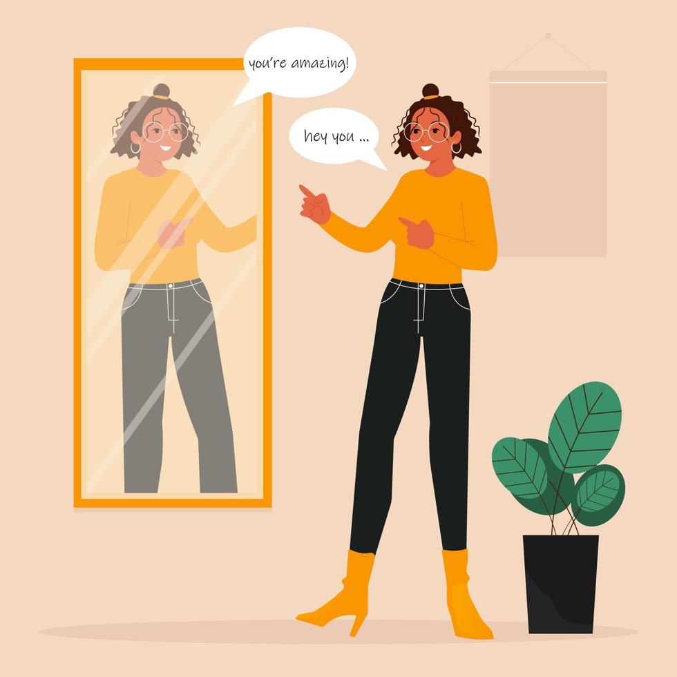 Girl practicing positive self talk for self care vector