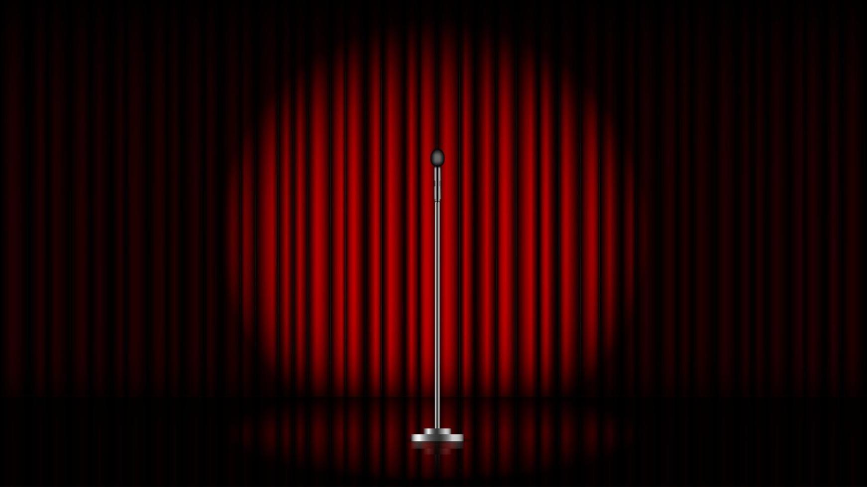 Microphone with stand on stage with red curtain and spot light, vector illustration