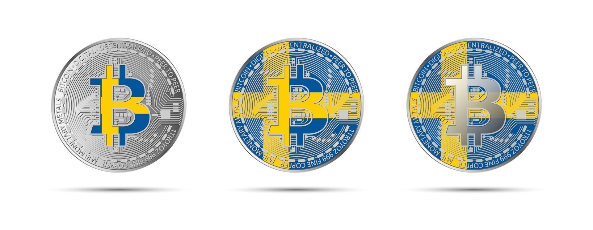 Three Bitcoin crypto coins with the flag of Sweden. Money of the future. Modern cryptocurrency vector illustration