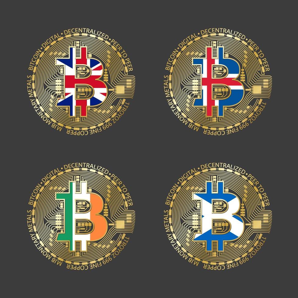 Four golden Bitcoin icons with flags of Britain, Iceland, Ireland and Scotland. Cryptocurrency technology symbol. Vector digital money icons isolated on grey background