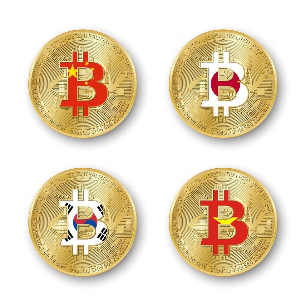 Four golden Bitcoin coins with flags of China, Japan, South Korea and Vietnam. Vector cryptocurrency icons isolated on white background. Blockchain technology symbol