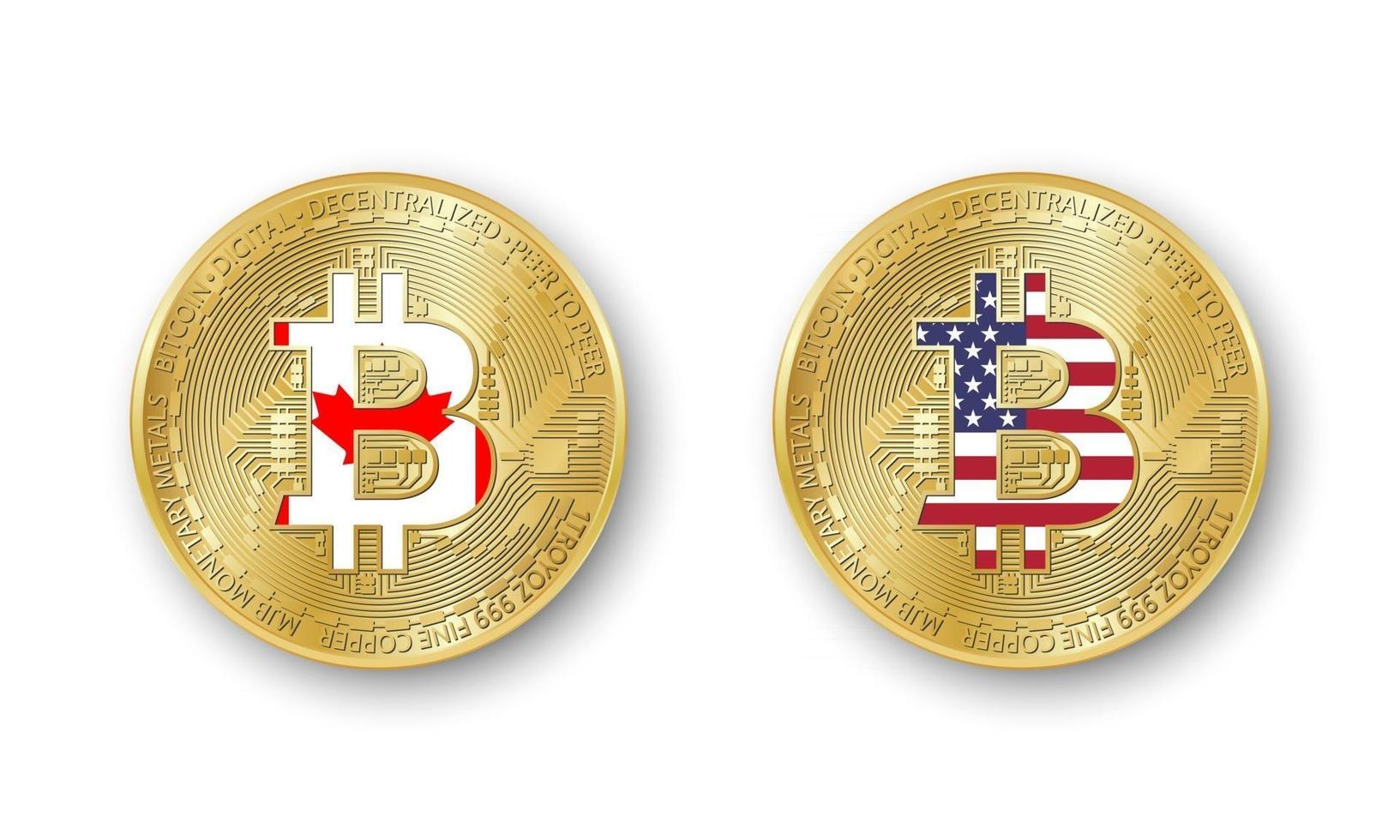 cuatro monedas bitcoin doradas con banderas de canadá y américa. vector iconos de criptomoneda aislados sobre fondo blanco. símbolo de la tecnología blockchain