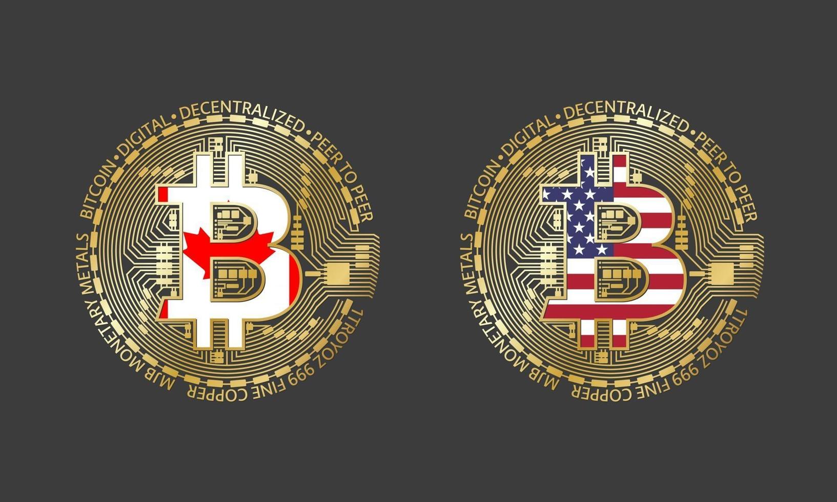 Four golden Bitcoin icons with flags of Canada and America. Cryptocurrency technology symbol. Vector digital money icons isolated on grey background