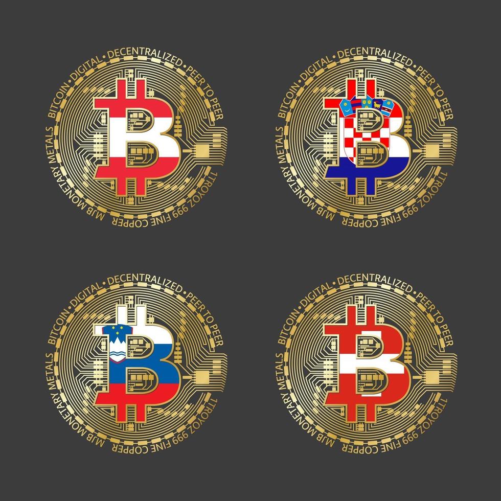 Four golden Bitcoin icons with flags of Austria, Croatia, Slovenia and Switzerland. Cryptocurrency technology symbol. Vector digital money icons isolated on grey background