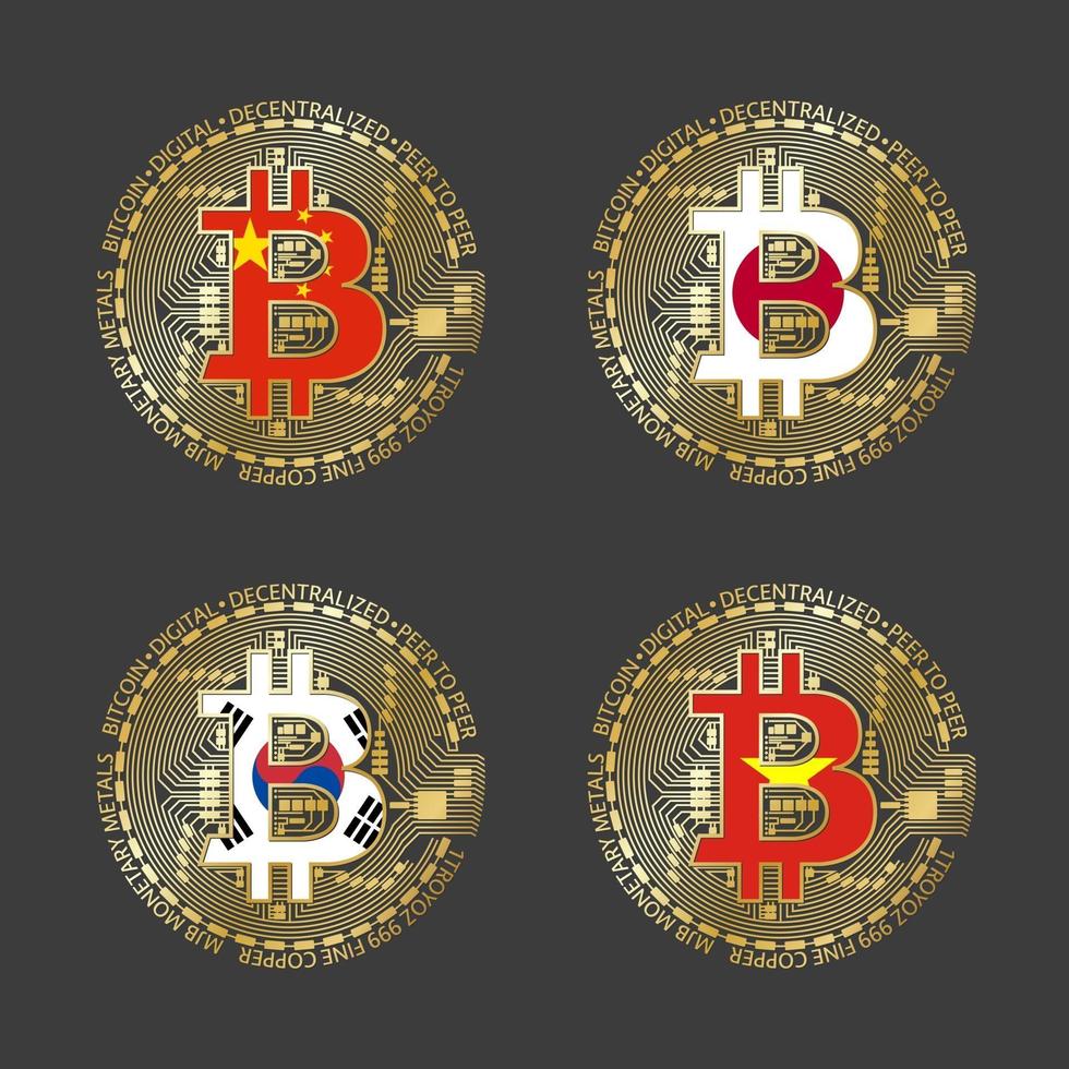 cuatro iconos de bitcoin dorados con banderas de china, japón, corea del sur y vietnam. símbolo de la tecnología de criptomonedas. Vector iconos de dinero digital aislados sobre fondo gris