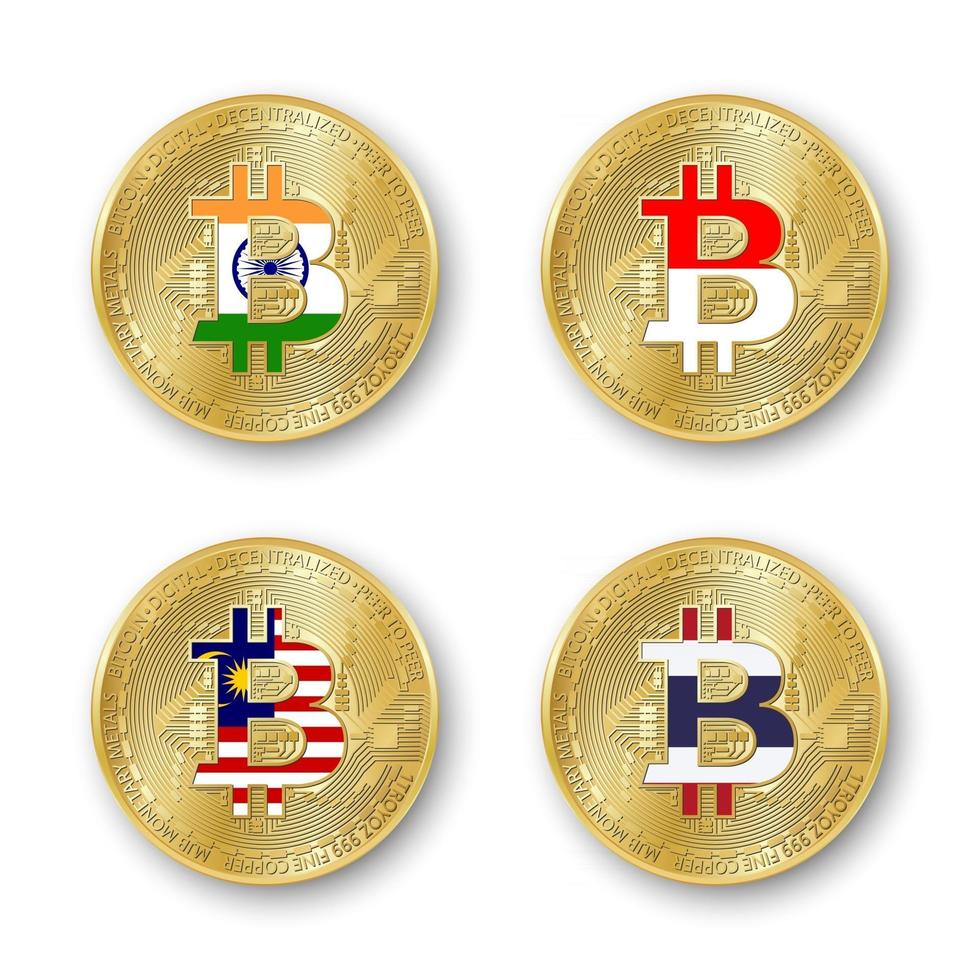 cuatro monedas bitcoin doradas con banderas de india, indonesia, malasia y tailandia. vector iconos de criptomoneda aislados sobre fondo blanco. símbolo de la tecnología blockchain