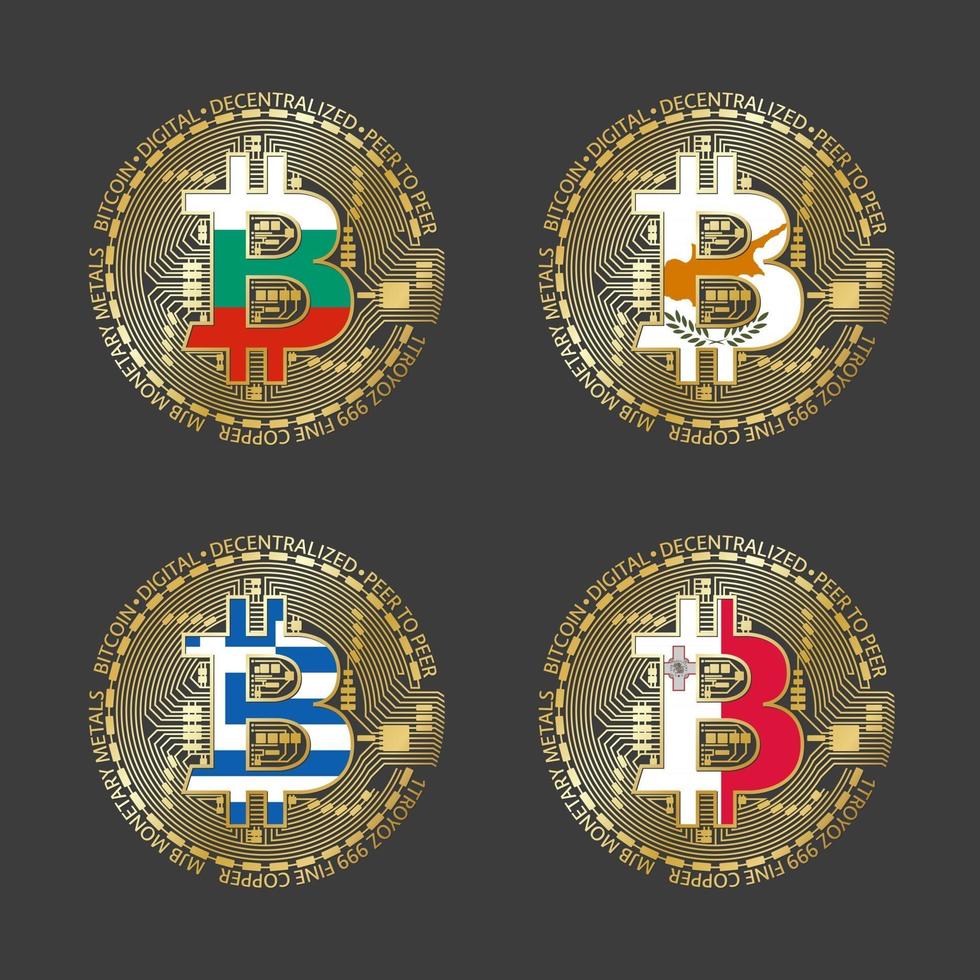 Four golden Bitcoin icons with flags of Bulgaria, Cyprus, Greece and Malta. Cryptocurrency technology symbol. Vector digital money icons isolated on grey background