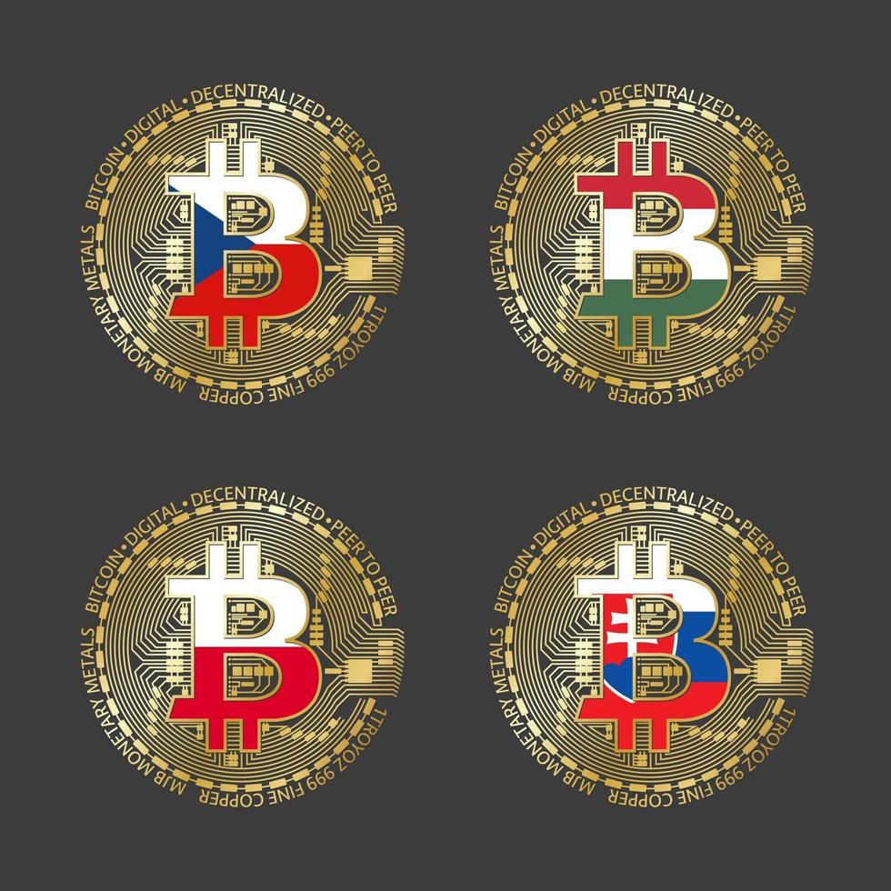 Four golden Bitcoin icons with flags of Czech Republic, Hungary, Poland and Slovakia. Cryptocurrency technology symbol. Vector digital money icons isolated on grey background
