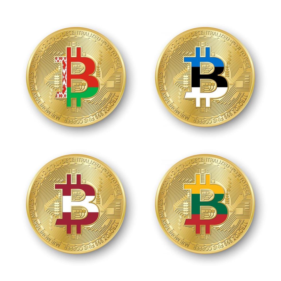 Four golden Bitcoin coins with flags of Belarus, Estonia, Latvia and Lithuania. Vector cryptocurrency icons isolated on white background. Blockchain technology symbol