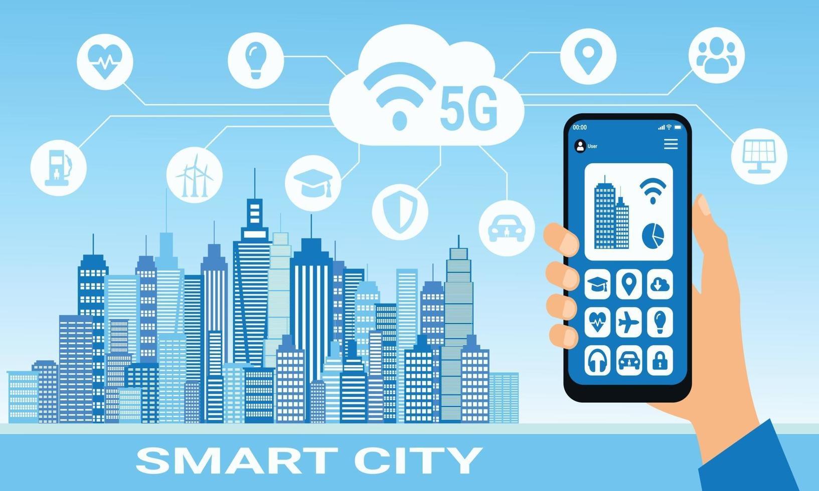 Flat building design, cloud connections with smartphone vector