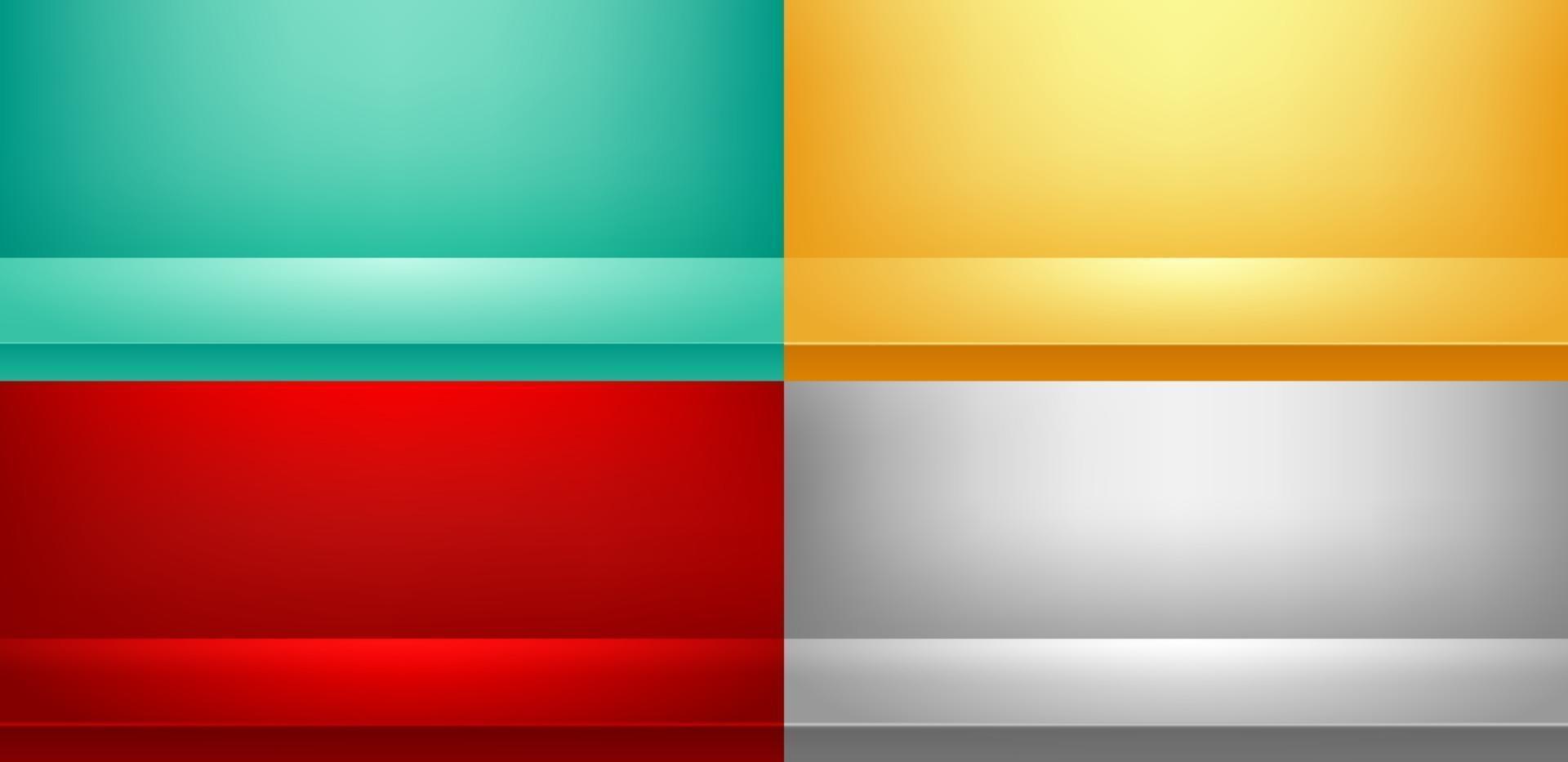 Set of studio room Green, Red, Yellow, Grey background used for Display your products, Template mock up, Business backdrop. vector