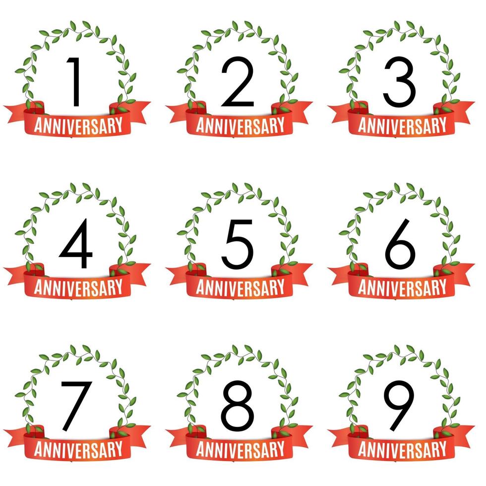 Collection of  Years Anniversary Template with Red Ribbon and Laurel wreath Vector Illustration